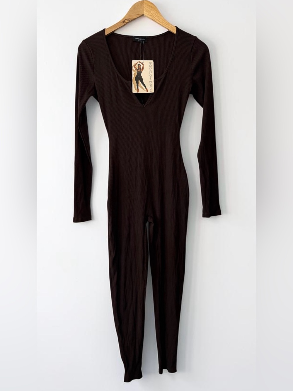naked wardrobe Ribbed Deep V Brown Long-Sleeve Jumpsuit